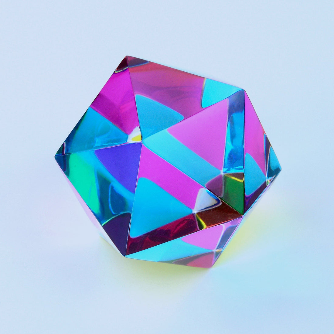 The Motus, a translucent CMY icosahedron, with dozens of colour overlaps across its twenty faces