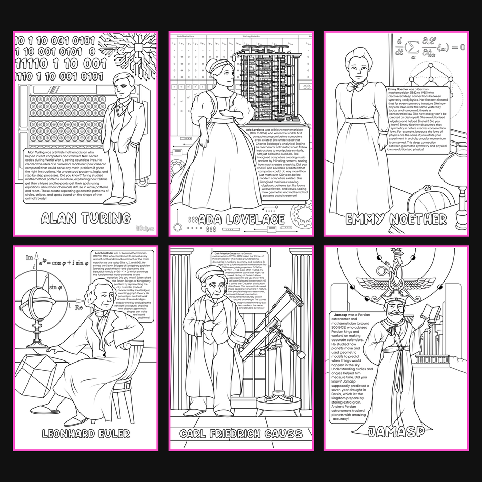 Brilliant Minds Colouring In Series cover: Modern Mathematical Pioneers, all six printable A4 pages