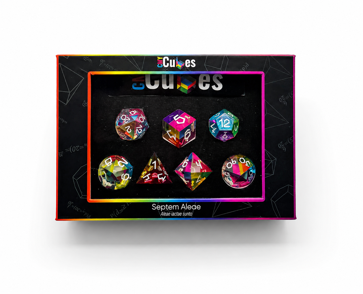 The Septem Aleae seven piece dice set in its CMY Cubes display box with rainbow trim